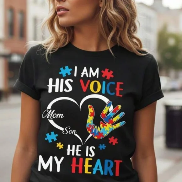 Autism Awareness "I Am His Voice, He Is My Heart" Graphic Tee - Black - Picture 1 of 3